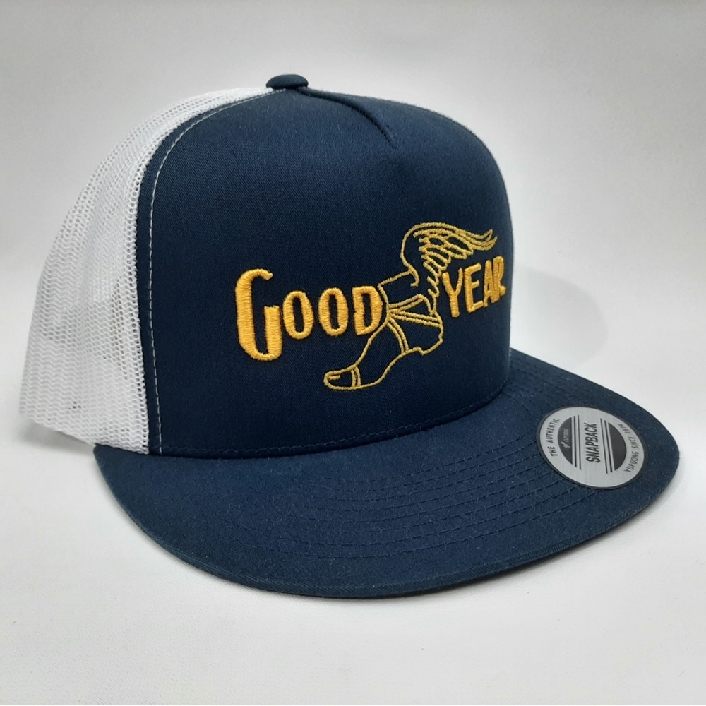 Goodyear Flat Bill Trucker Mesh Snapback Hat Cap Embroidered Blue White - Picture 3 of 4